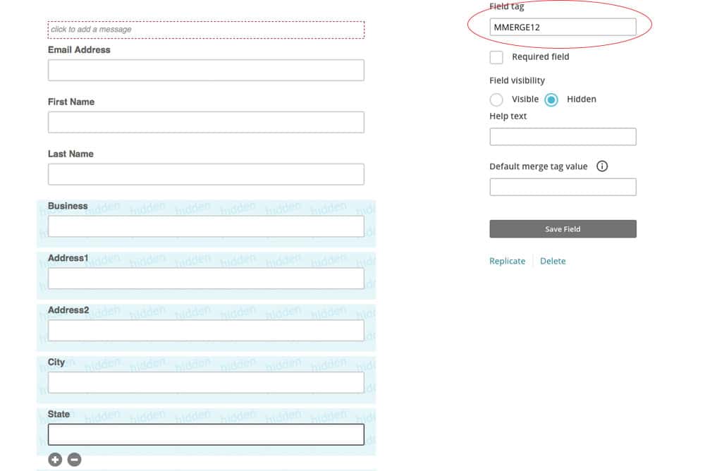 Screen shot of the custom fields sidebar in the sign up forms module of Mailchimp - Juan Rojo Design Toronto