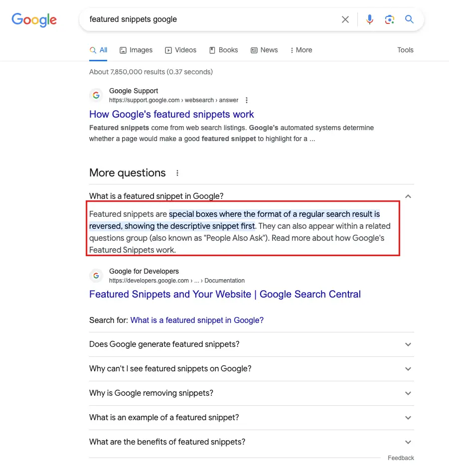 Voice Search Optimization | Screen shot of Google search results showing exactly what a featured snippet is, highlighted inside a red rectangle - Juan Rojo Design Toronto