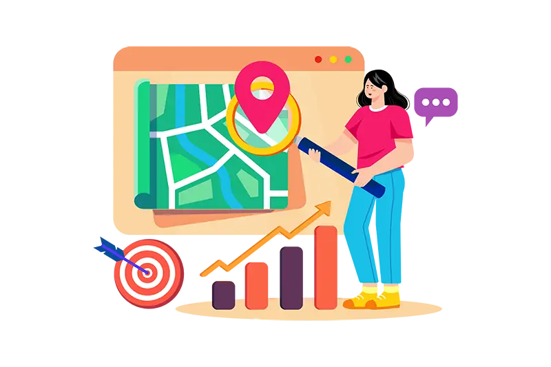 Elevate Your Business with Local SEO Services Toronto | Concept illustration showing a female character placing a magnifying glass over a map - Juan Rojo Design Toronto 