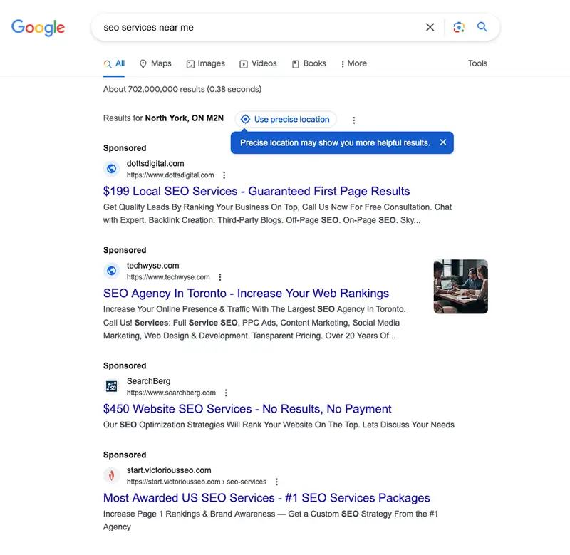 Elevate Your Business with Local SEO Services Toronto | Screen shot of Google search results for the keypgrase SEO services near me - Juan Rojo Design Toronto