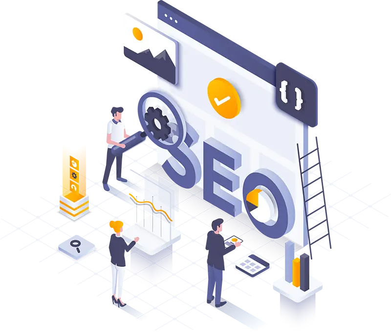 Concept illustration of different SEO tasks being performed by various characters - Juan Rojo Design Toronto
