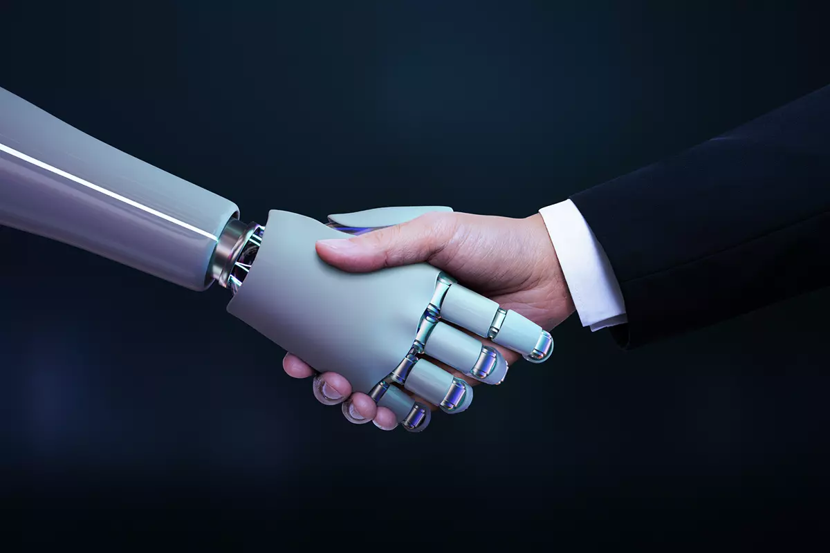 Using a CRM and Sales Pipeline For Creatives Feature Image showing a robot hand shaking hands with a human hand wearing an executive suit - Juan Rojo Design Toronto