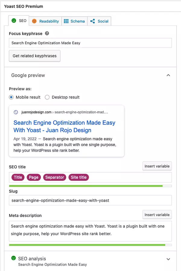 Search Engine Optimization Made Easy With Yoast | Screenshot of Yoast plugin on the post of a WordPress site - Juan Rojo Design Toronto