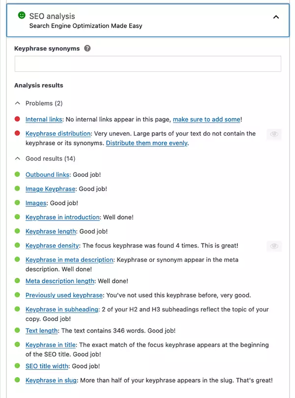 Search Engine Optimization Made Easy With Yoast | Screen shot of Yoast plugin's SEO checklist for optimzal ranking - Juan Rojo Design Toronto