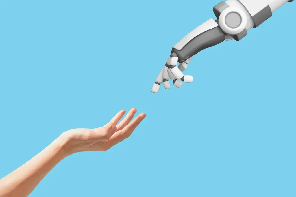 Alternate reality, conversations with a ai chatbot | Picture of human hand reaching for a robotic hand with a light blue background - Juan Rojo Design Toronto
