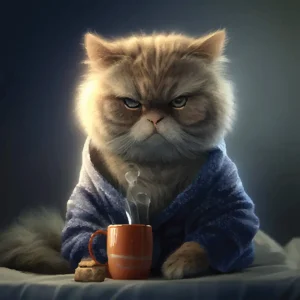 Cat Drinking A Cup Of Coffee In The Morning | Digital artwork resembling a painting of a cat in a bad mood drinking coffee first thing in the morning and wearing pijamas - Juan Rojo Design Toronto