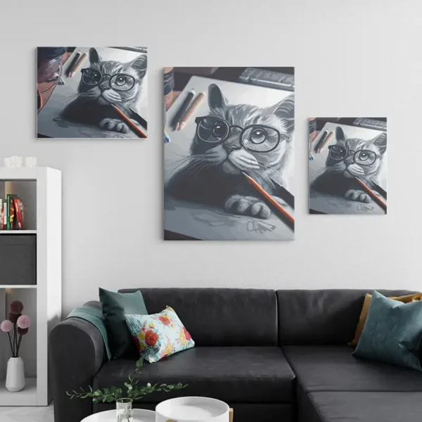 Sketched Cat Portrait | Mock up of living room displaying three different sized canvases of the detailed sketch of a cat in black and white - Juan Rojo Design Toronto