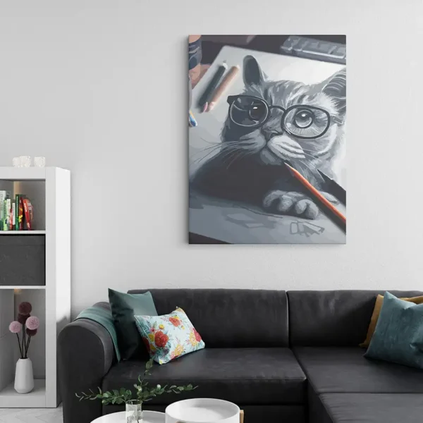 Sketched Cat Portrait | Mock up of living room displaying one portrait canvas of the detailed sketch of a cat in black and white - Juan Rojo Design Toronto
