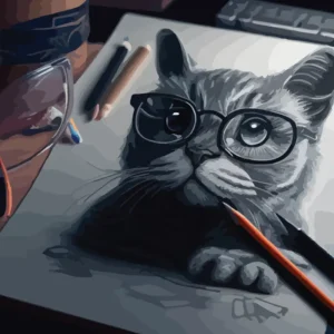 Sketched Cat Portrait | High resolution image of a sketch pad showing the highly detailed of a cat in black and white - Juan Rojo Design Toronto