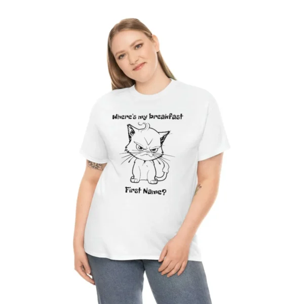 Angry Kitten Wants Breakfast | Woman wearing a white t-shirt with the custom design - Juan Rojo Design Toronto
