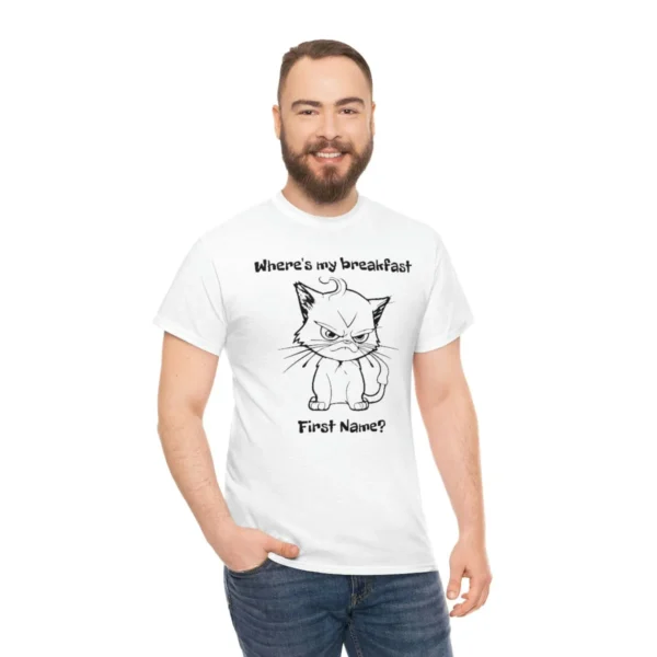 Young white man wearing white angry kitten t-shirt - Juan Rojo Design Toronto
