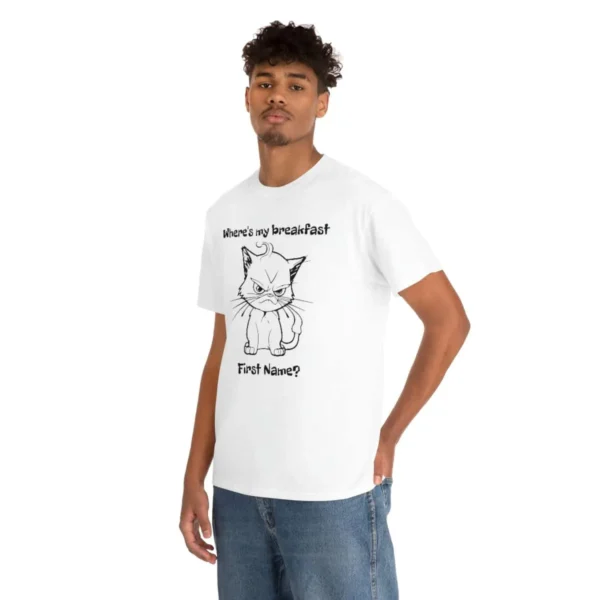 Young black man wearing white angry kitten t-shirt - Juan Rojo Design Toronto