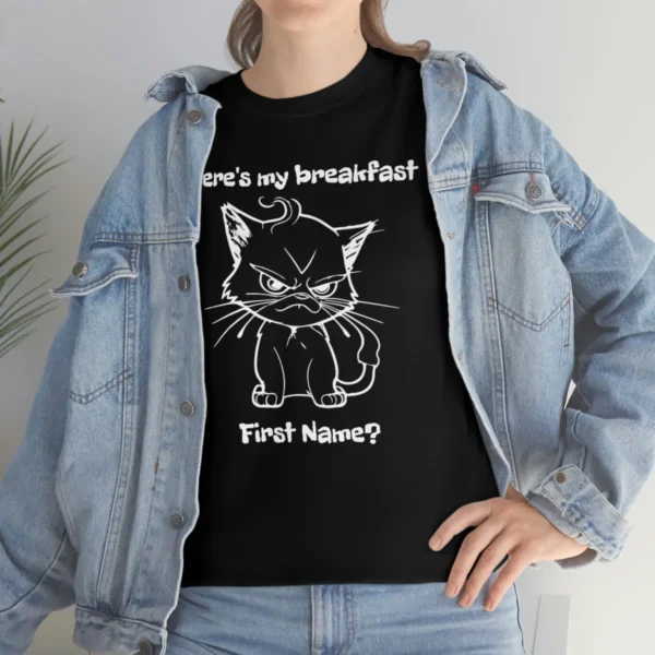 White woman wearing black angry kitten t-shirt with a denim jacket - Juan Rojo Design Toronto