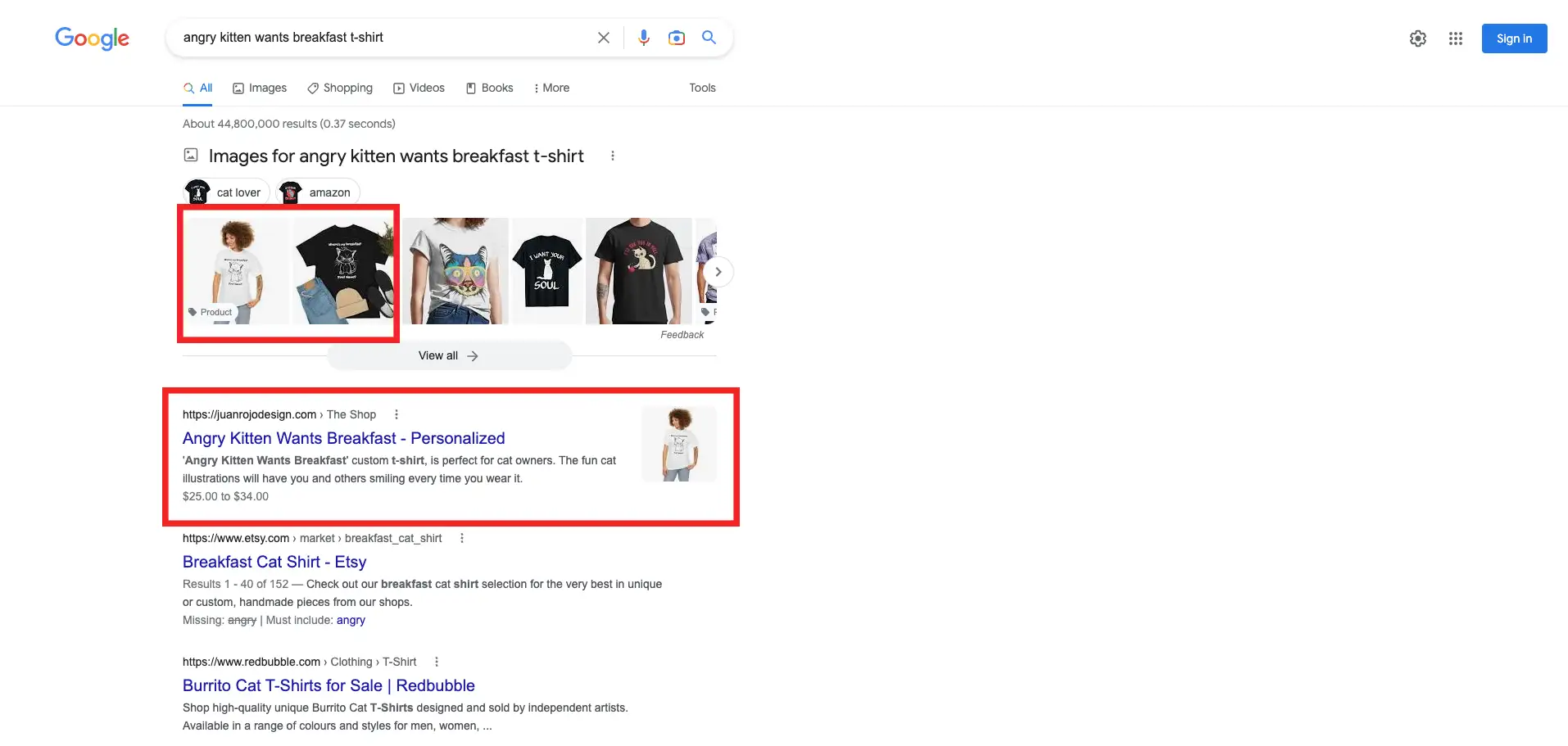 Side Hustle From Home, Easy Side Hustle, Online Side Hustle, Side Hustles | Screen shot displaying Google organic results on 1st page for the long tail keyword Angry Kitten Wants Breakfast, showing our product at the very top of the 1st page - Juan Rojo Design Toronto
