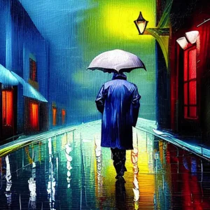 Man Walking In The Rain is a digital artwork created to look like an oil painting showing a man walking in a dark alley with an umbrella, under a rainy night - Juan Rojo Design Toronto