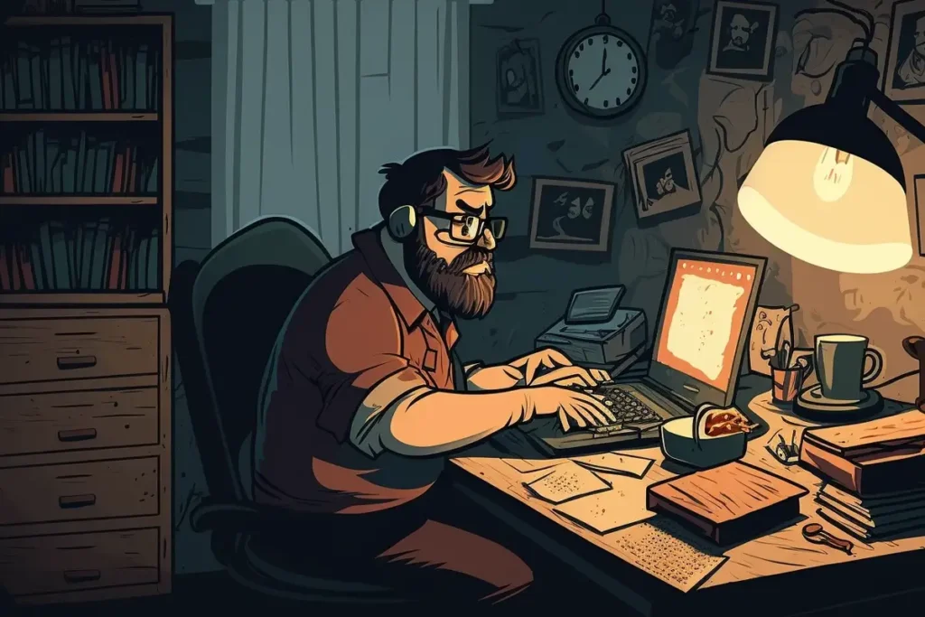Online Selling Experiment | Cartoon illustration of a man typing away on a laptop screen, surrounded by papers in dimly lit home office - Juan Rojo Design Toronto