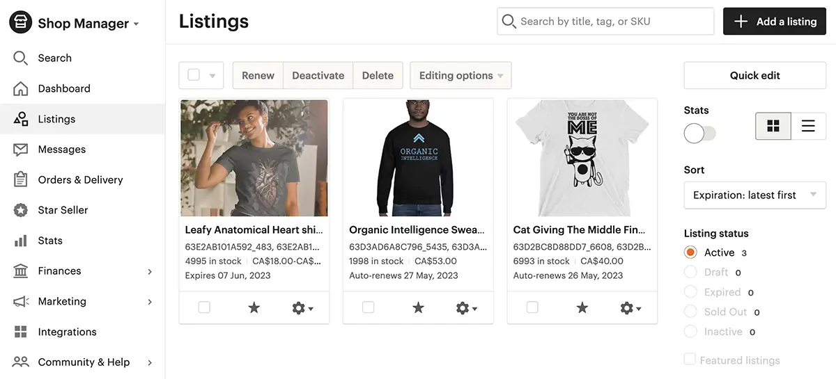 Selling Online with Etsy | Screen shot of product listings on Etsy's Shop Manager dashboard - Juan Rojo Design Toronto