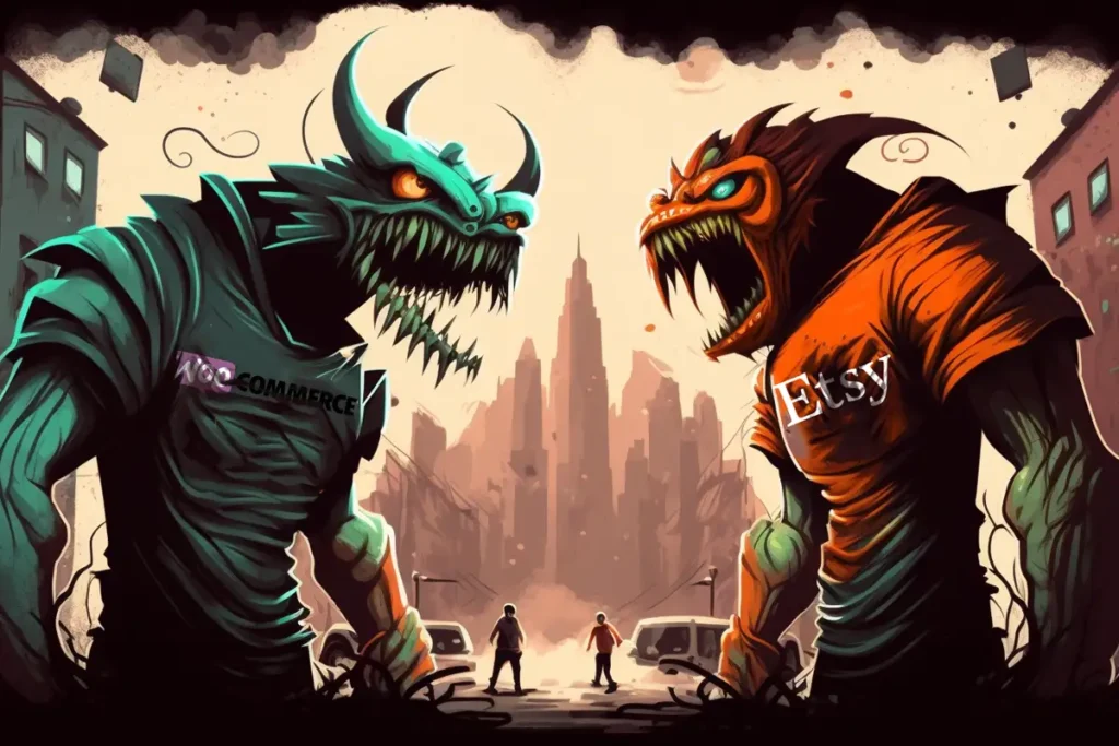 Side Hustle From Home, Easy Side Hustle, Online Side Hustle, Side Hustles | Illustration showing two monsters fighting for control of a city. The monster on the left is wearing a t-shirt with the WooCommerce logo and the monster on the right is sporting a t-shirt with the Etsy logo- Juan Rojo Design Toronto