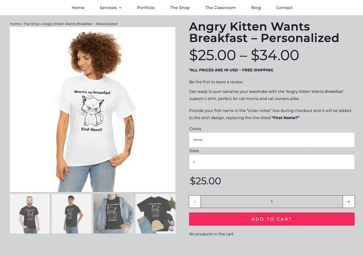 WooCommerce vs Etsy | Screen shot of custom product page for a t-shit with variations for black and white in WooCommerce - Juan Rojo Design Toronto