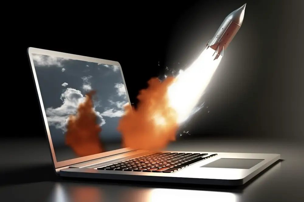 Benefits of Hiring a WordPress Website Developer for Custom Development  | Concept image showing a rocket taking off from a laptop's screen - Juan Rojo Design Toronto