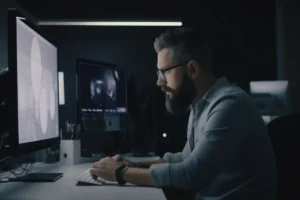 AI Website Builders | AI generated image of a developer working with two screens in a dim lit office - Juan Rojo Design Toronto