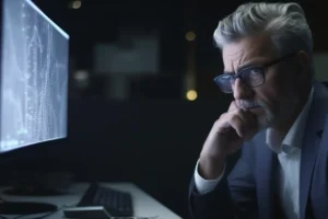 Avoid These Top 10 Mistakes in Your SEO Strategy | Picture of stressed executive looking at a computer screen - Juan Rojo Design Toronto