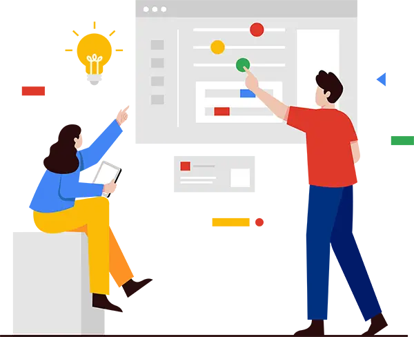 SEO Service Provider | Illustration showing two people looking at a full web page on a screen where they are identifying points of improvement - Juan Rojo Design Toronto