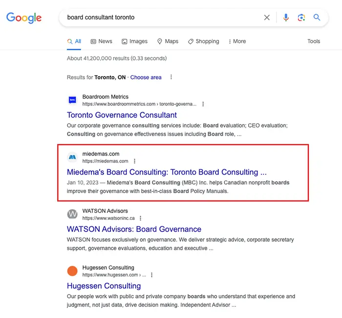 SEO Service Provider | Screen shot of 1st page of Google Search Results for the key phrase "Board Consultant Toronto". Our client, Midemas ranks in 2nd place - Juan Rojo Design Toronto
