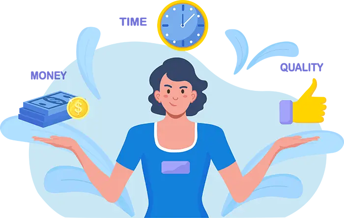 SEO Service Provider | Illustration depicting a female character performing a balancing act of money, time and quality - Juan Rojo Design Toronto