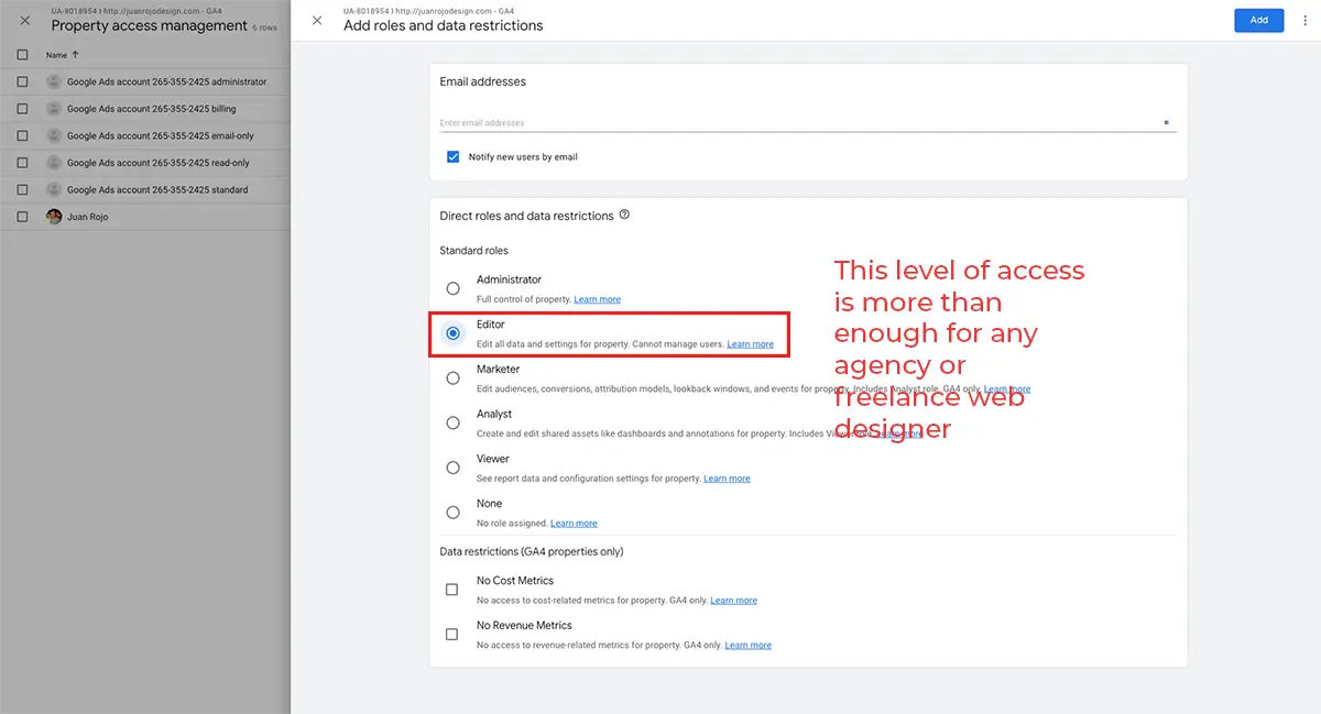 Give Access to your Google Analytics 4 Account | Screen shot of the "Add roles and data restrictions" sub screen - Juan Rojo Design Toronto 