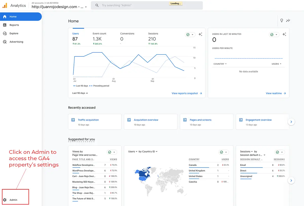 Give Access to your Google Analytics 4 Account | Screenshot of Google Analytics 4 dashboard - Juan Rojo Design Toronto