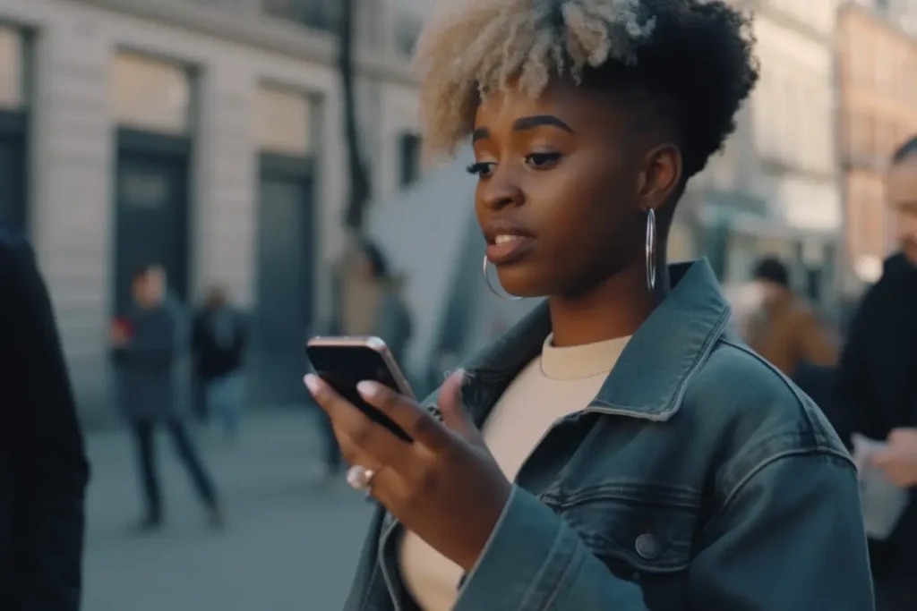 Voice Search Optimization | Picture of a young black woman giving instructions to Siri on her iPhone in a city sidewalk - Juan Rojo Design Toronto