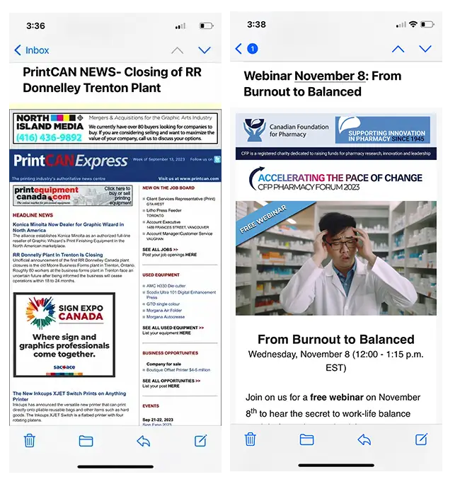 Optimize for Mobile | screen shot comparison of two emails received on a mobile phone, one on the left was not optimized for mobile and the one on the right was - Juan Rojo Design Toronto