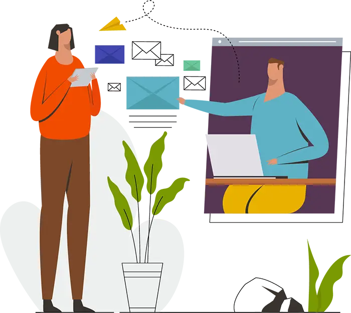 Illustration of a character reaching out across a desktop screen to deliver an email to the person in front of the computer - Juan Rojo Design
