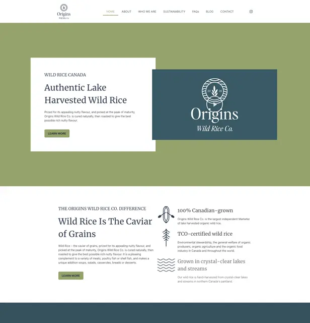 WordPress Development | Screen shot of homepage for Origins Wild Rice Co. - Juan Rojo Design Toronto