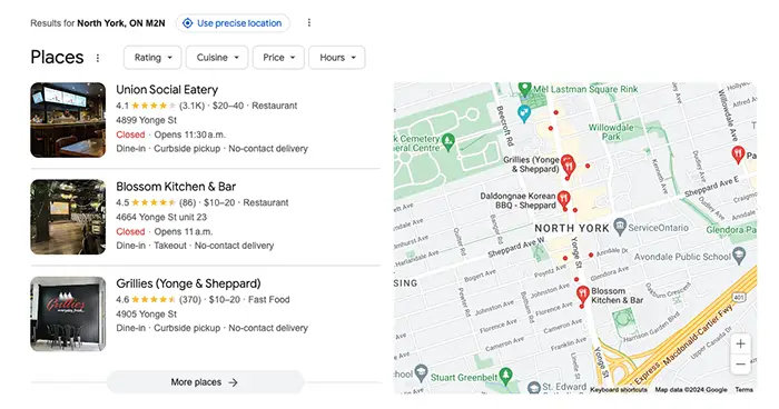 Improve Your Google Business Profile | local search results displayed for restaurants in North York near Willowdale - Juan Rojo Design Toronto